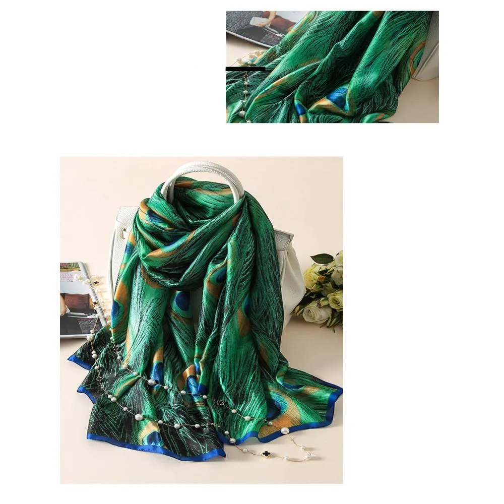 Silk Scarf-Luxurious Delicate Peacock & Floral Hair Wrap Silky Vibrant Scarves