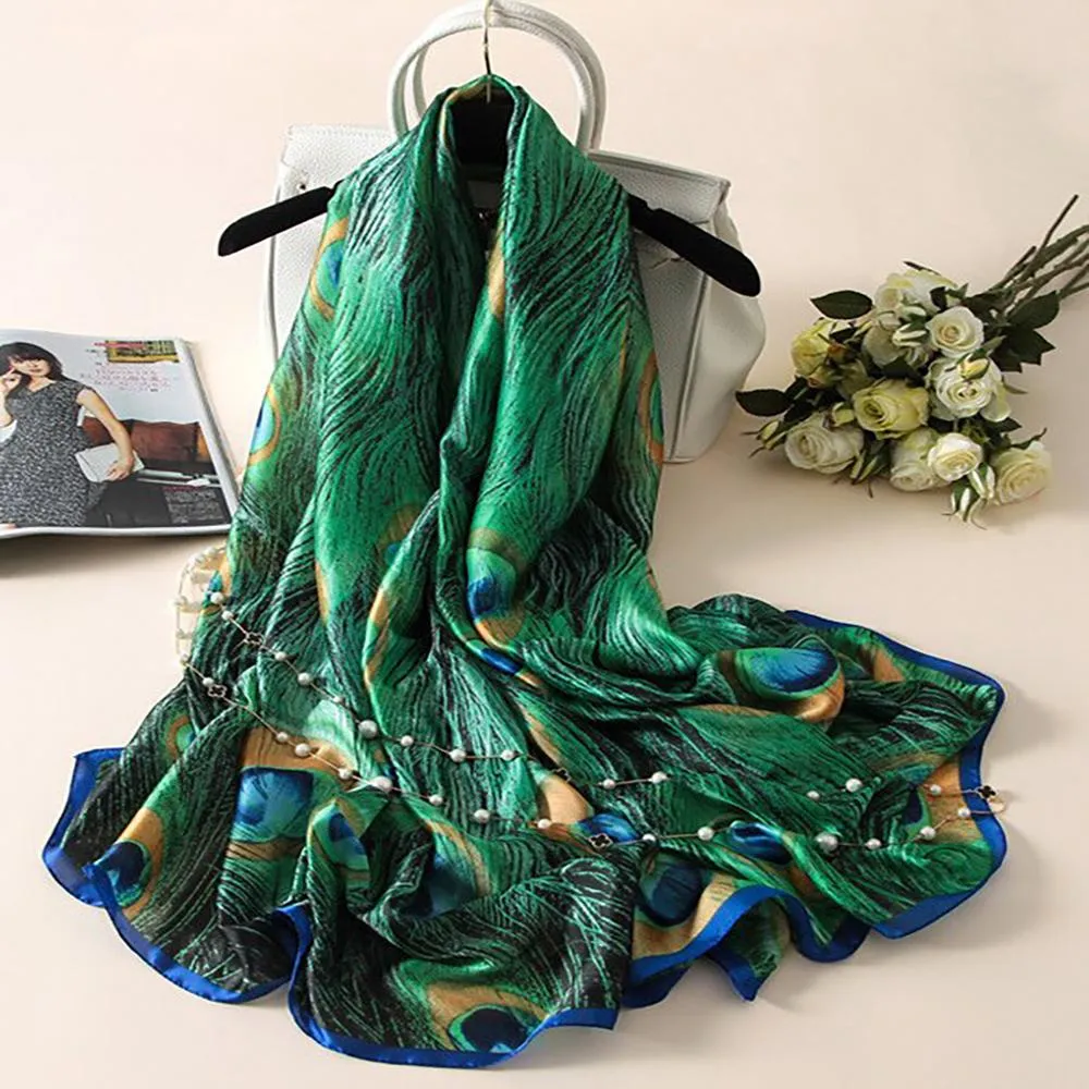 Silk Scarf-Luxurious Delicate Peacock & Floral Hair Wrap Silky Vibrant Scarves