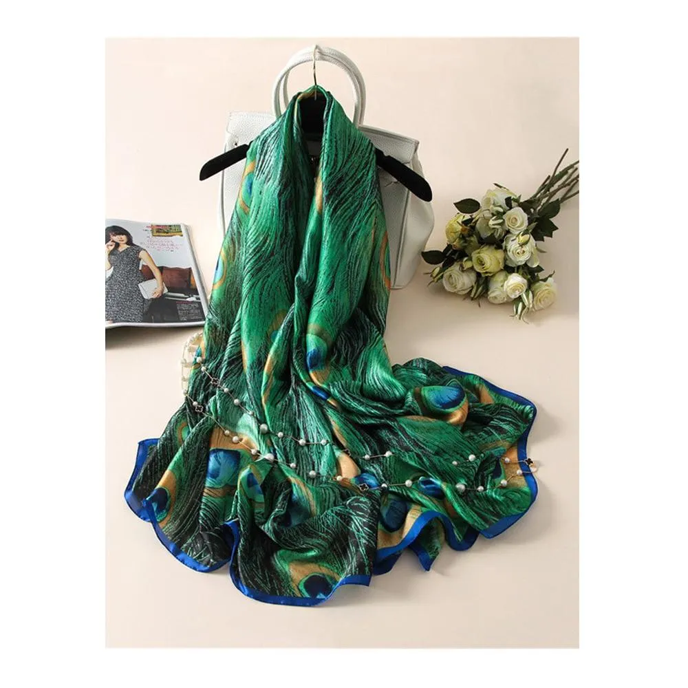 Silk Scarf-Luxurious Delicate Peacock & Floral Hair Wrap Silky Vibrant Scarves
