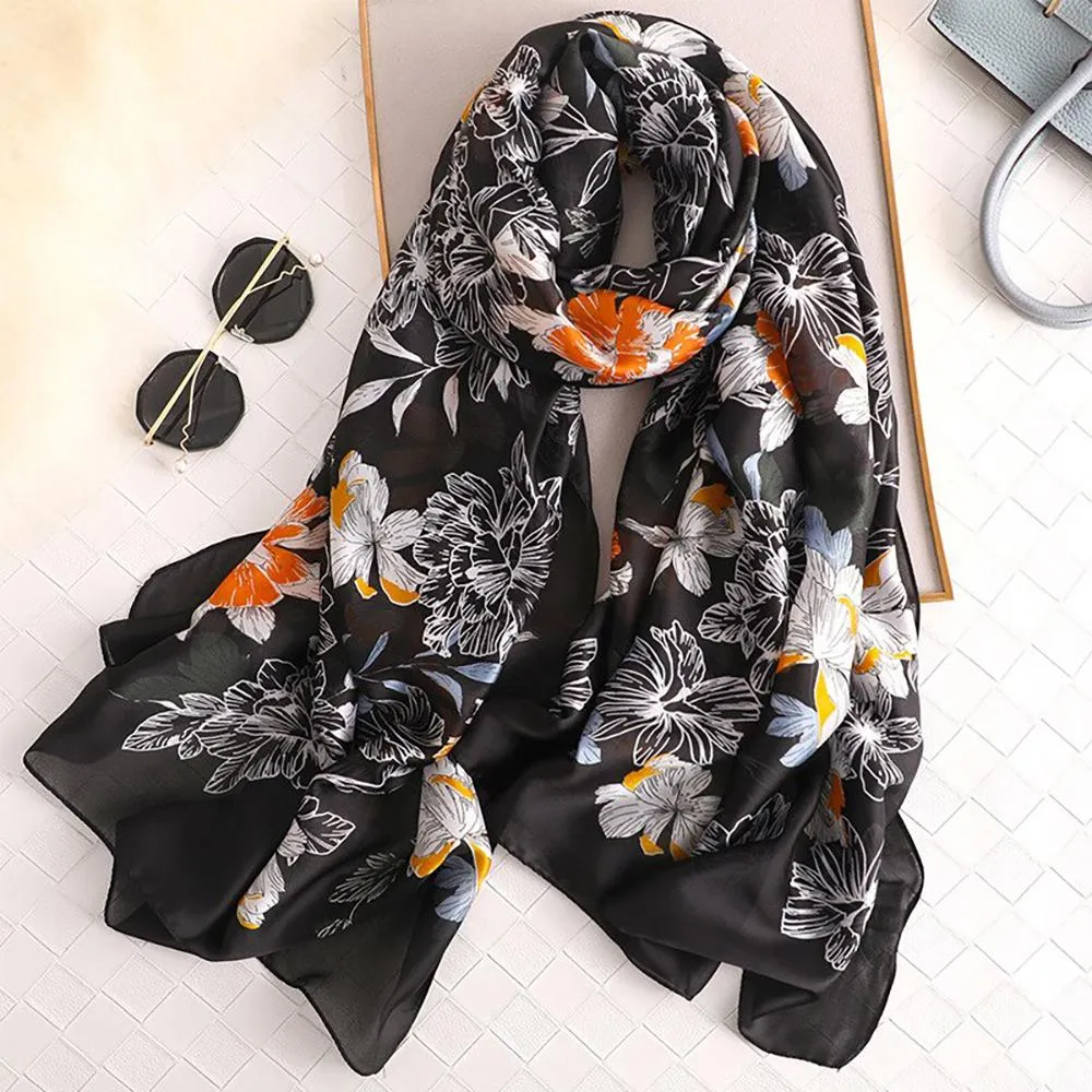 Silk Scarf-Luxurious Delicate Peacock & Floral Hair Wrap Silky Vibrant Scarves