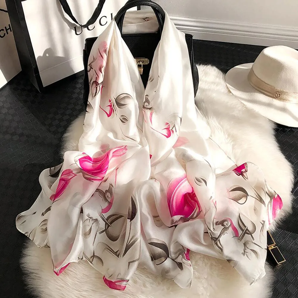 Silk Scarf-Luxurious Delicate Peacock & Floral Hair Wrap Silky Vibrant Scarves