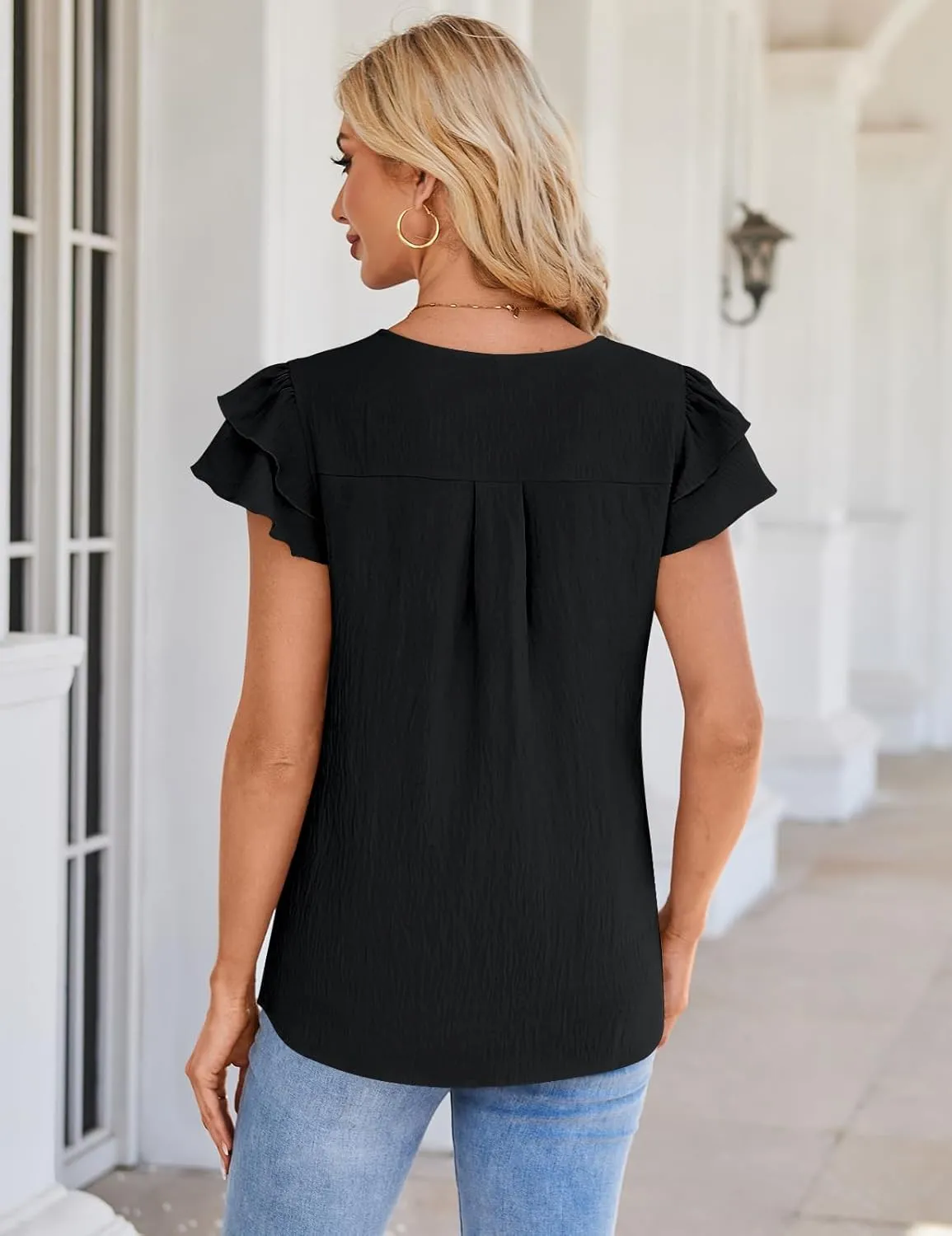 SimpleFun Womens Dressy Casual Tops Ruffle Short Sleeve Business Work Blouses V Neck Summer Shirts