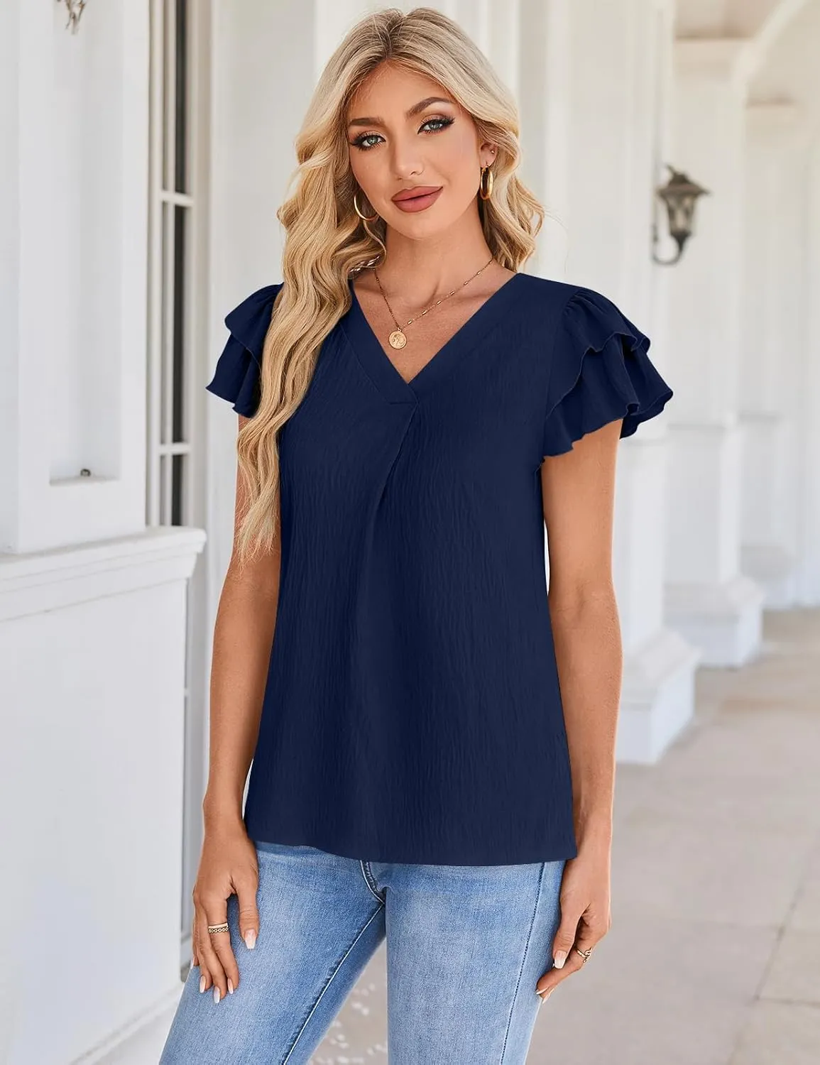 SimpleFun Womens Dressy Casual Tops Ruffle Short Sleeve Business Work Blouses V Neck Summer Shirts