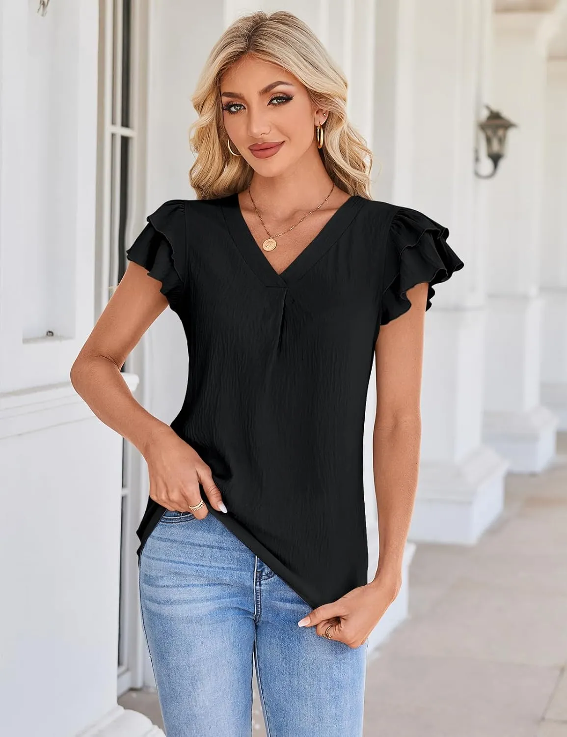 SimpleFun Womens Dressy Casual Tops Ruffle Short Sleeve Business Work Blouses V Neck Summer Shirts