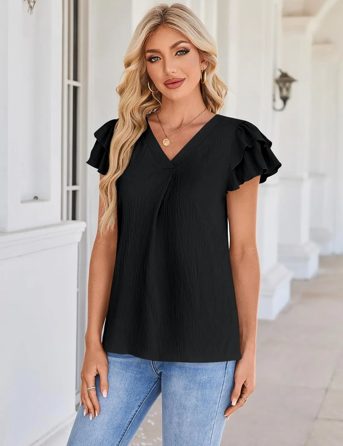 SimpleFun Womens Dressy Casual Tops Ruffle Short Sleeve Business Work Blouses V Neck Summer Shirts