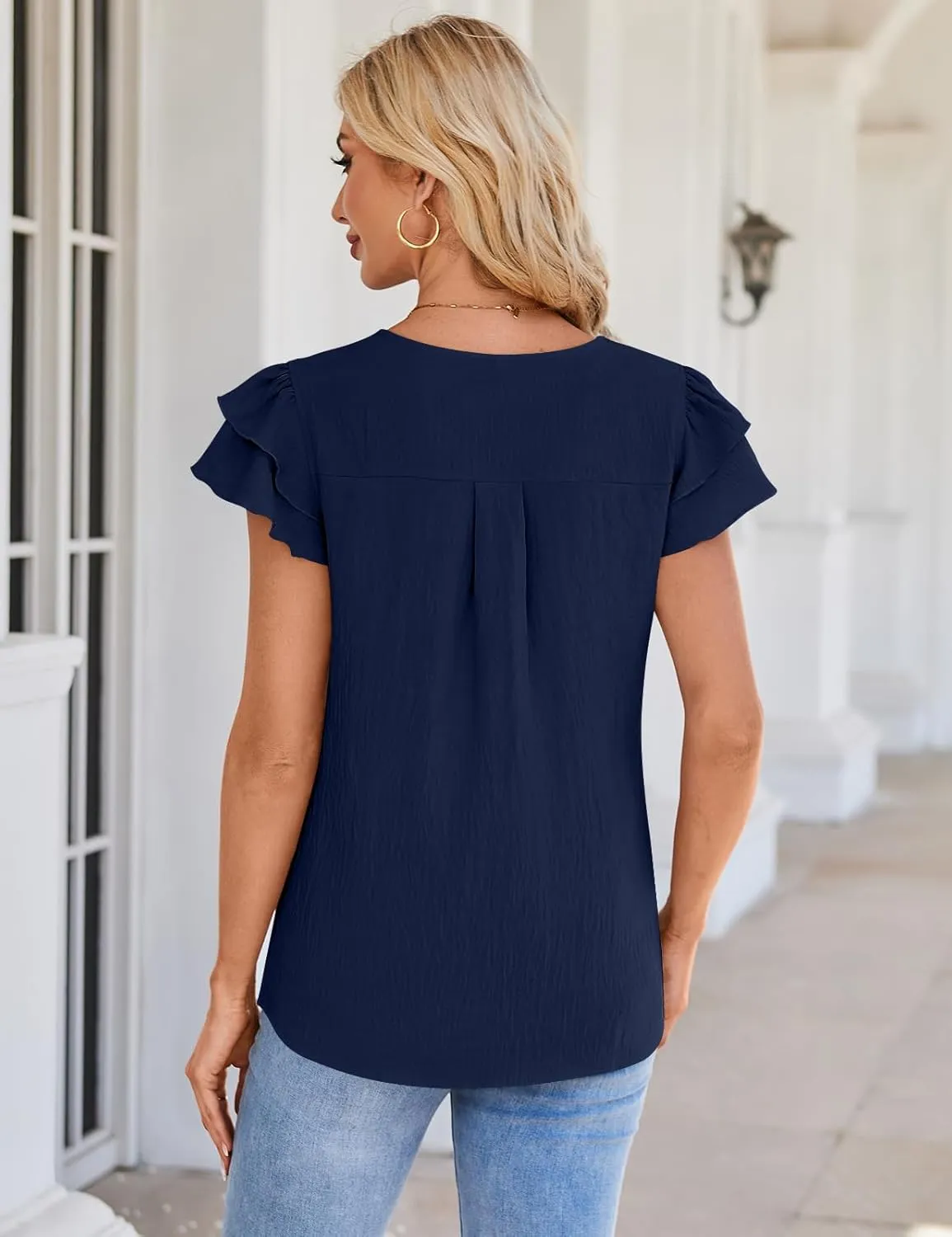 SimpleFun Womens Dressy Casual Tops Ruffle Short Sleeve Business Work Blouses V Neck Summer Shirts