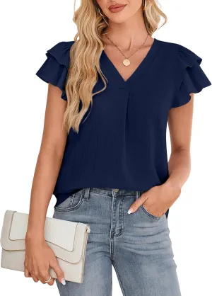 SimpleFun Womens Dressy Casual Tops Ruffle Short Sleeve Business Work Blouses V Neck Summer Shirts