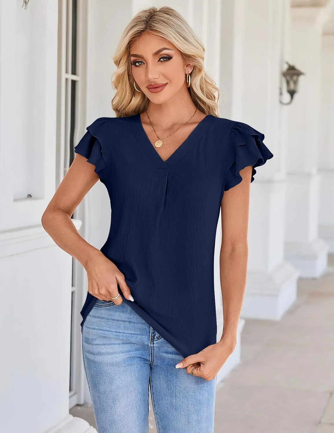 SimpleFun Womens Dressy Casual Tops Ruffle Short Sleeve Business Work Blouses V Neck Summer Shirts