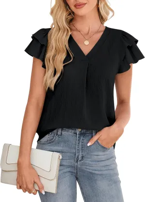 SimpleFun Womens Dressy Casual Tops Ruffle Short Sleeve Business Work Blouses V Neck Summer Shirts