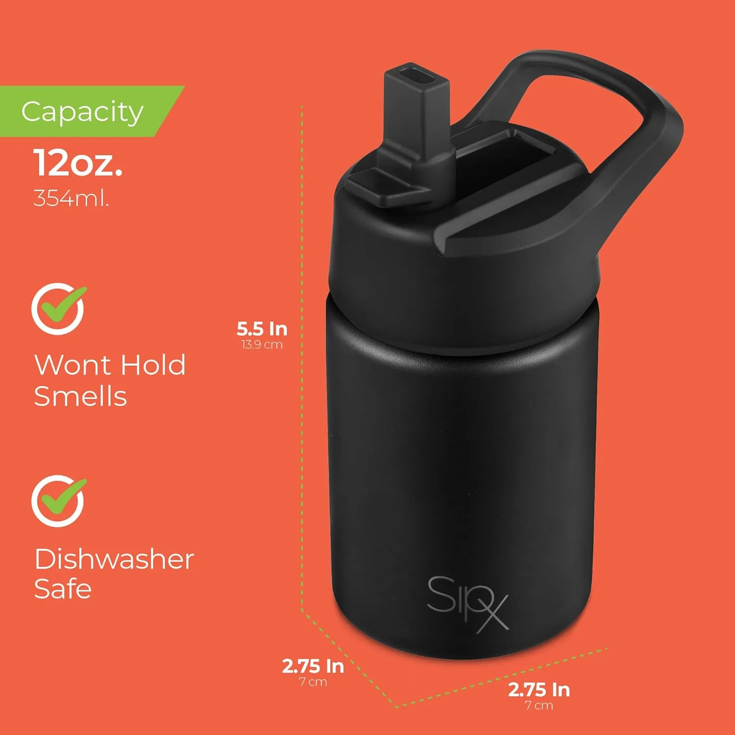 SIPX™ Insulated Kids Water Bottles 12oz. With Straw Lid, BPA-Free Reusable Insulated Toddler Water Bottle Keeps Cold 24 Hours, Metal Water Bottle Kids Made Of Sustainable Material (Black)