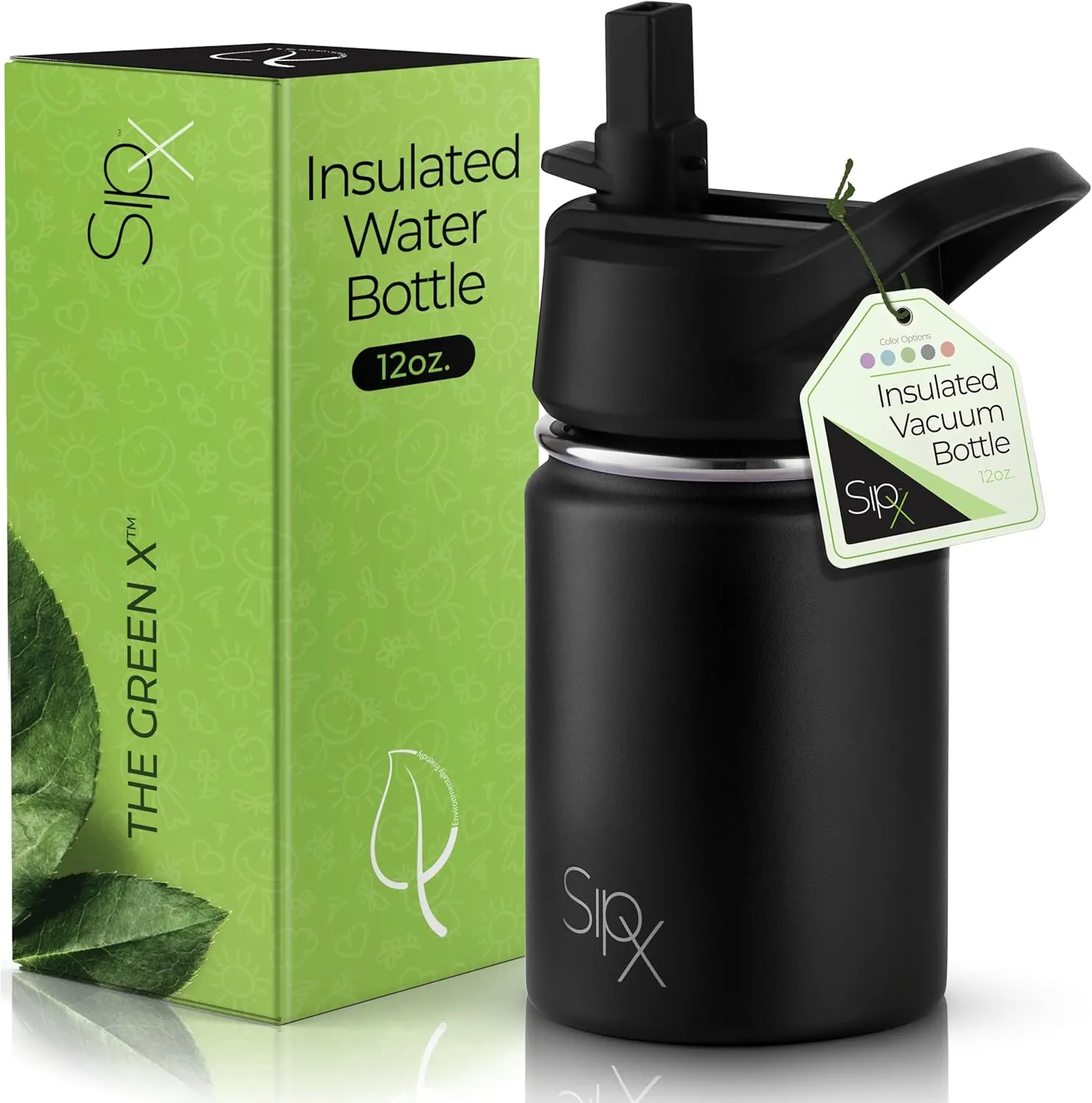 SIPX™ Insulated Kids Water Bottles 12oz. With Straw Lid, BPA-Free Reusable Insulated Toddler Water Bottle Keeps Cold 24 Hours, Metal Water Bottle Kids Made Of Sustainable Material (Black)