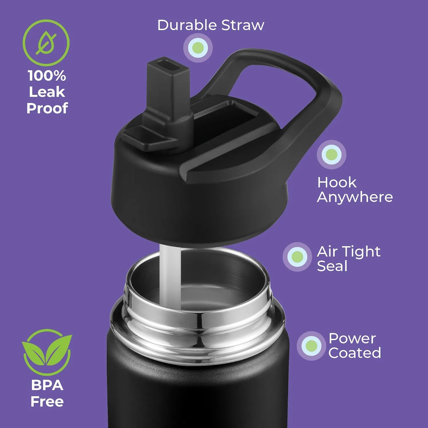 SIPX™ Insulated Kids Water Bottles 12oz. With Straw Lid, BPA-Free Reusable Insulated Toddler Water Bottle Keeps Cold 24 Hours, Metal Water Bottle Kids Made Of Sustainable Material (Black)