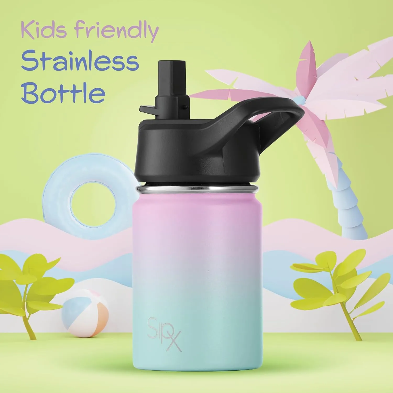 SIPX™ Insulated Kids Water Bottles 12oz. With Straw Lid, BPA-Free Reusable Insulated Toddler Water Bottle Keeps Cold 24 Hours, Metal Water Bottle Kids Made Of Sustainable Material (Black)