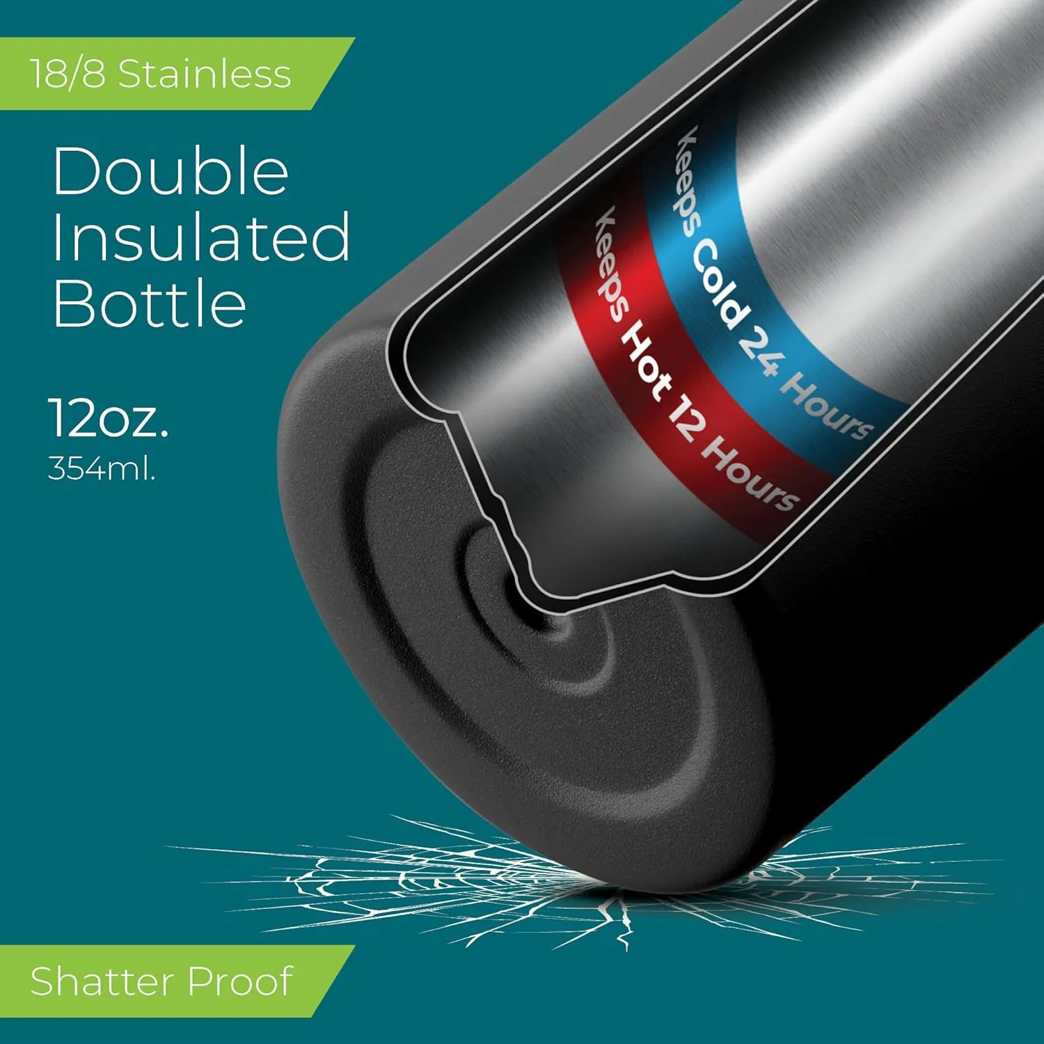 SIPX™ Insulated Kids Water Bottles 12oz. With Straw Lid, BPA-Free Reusable Insulated Toddler Water Bottle Keeps Cold 24 Hours, Metal Water Bottle Kids Made Of Sustainable Material (Black)