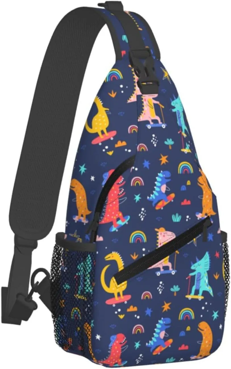 Skater Dinosaurs Pattern Crossbody Bag Adjustable Sling Bag Casual Chest Bags Travel Shoulder Backpack