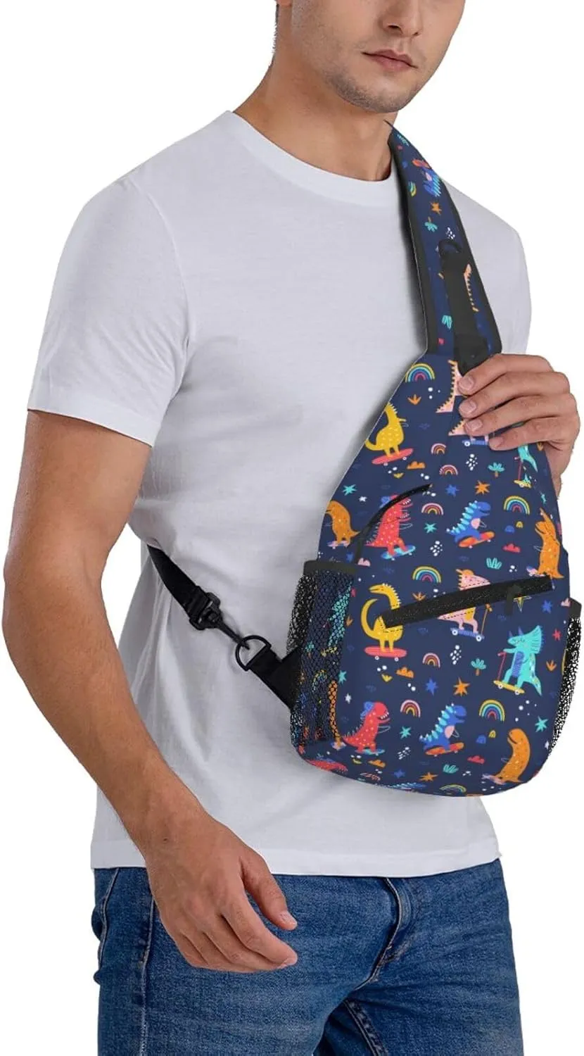 Skater Dinosaurs Pattern Crossbody Bag Adjustable Sling Bag Casual Chest Bags Travel Shoulder Backpack