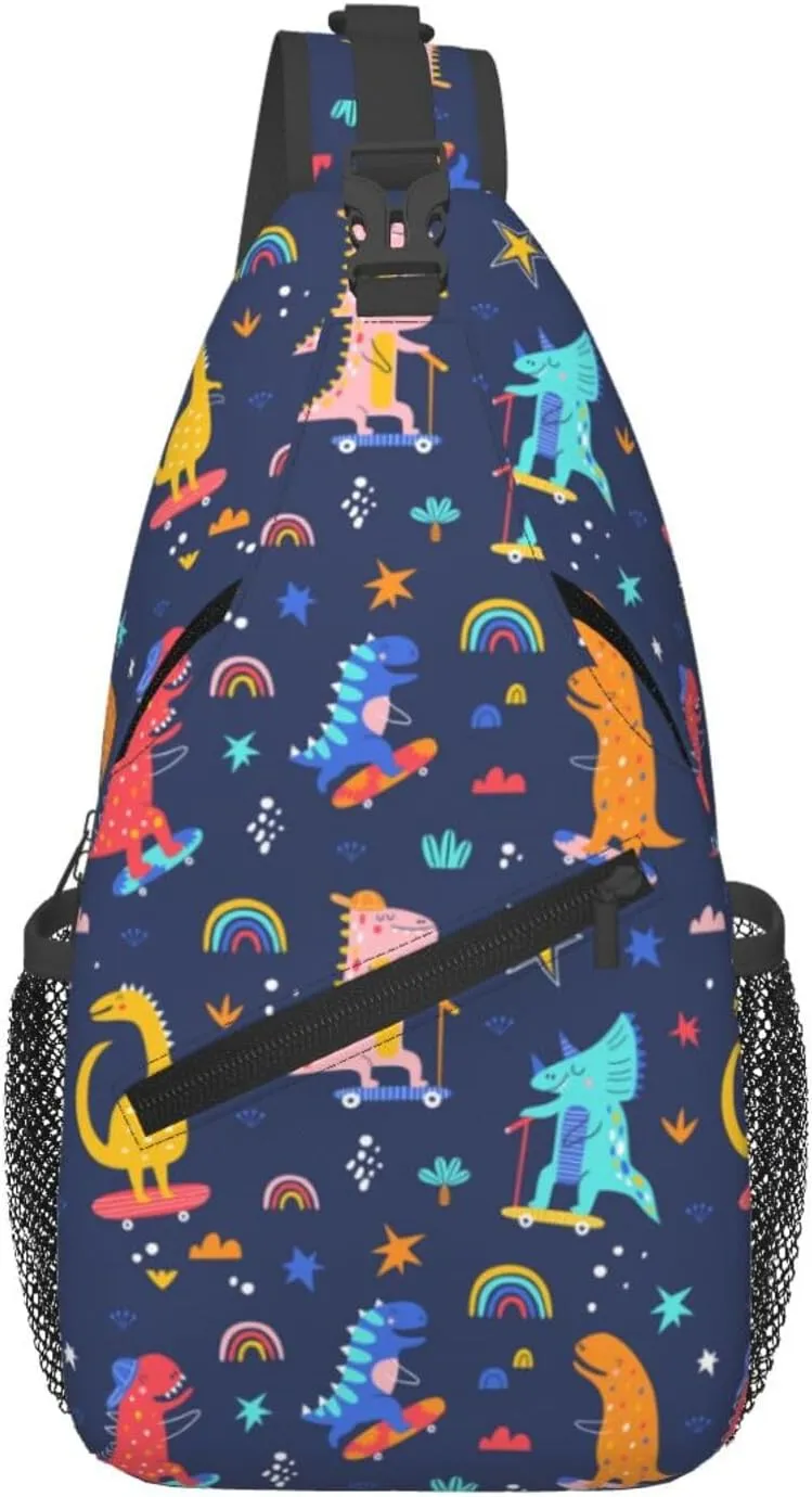 Skater Dinosaurs Pattern Crossbody Bag Adjustable Sling Bag Casual Chest Bags Travel Shoulder Backpack