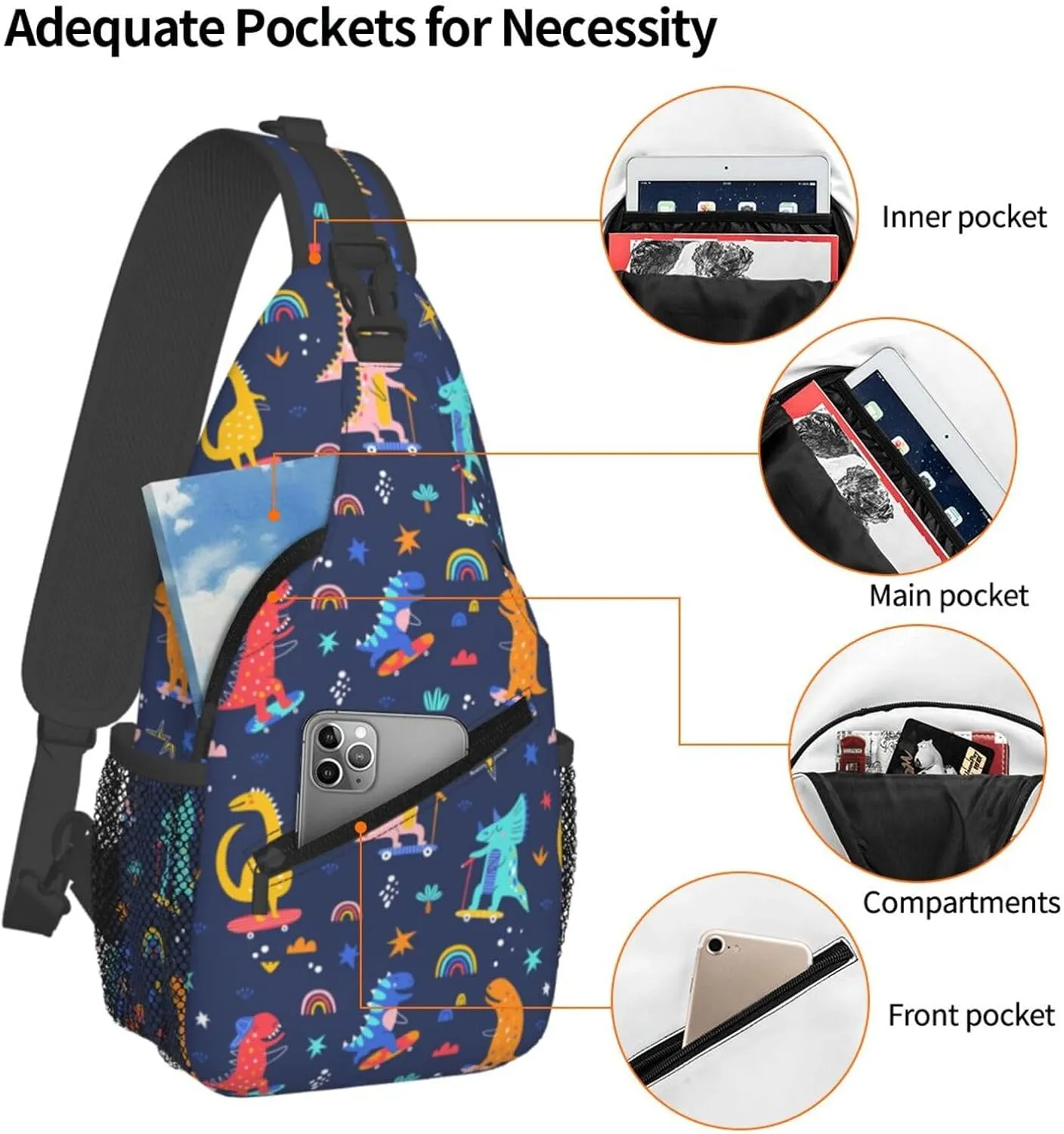 Skater Dinosaurs Pattern Crossbody Bag Adjustable Sling Bag Casual Chest Bags Travel Shoulder Backpack