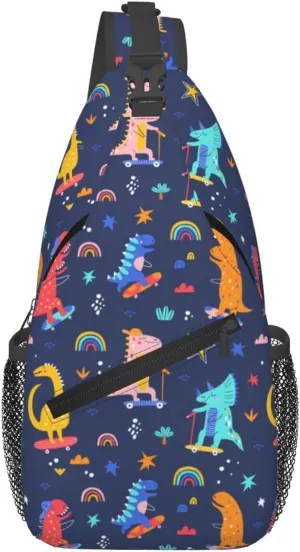 Skater Dinosaurs Pattern Crossbody Bag Adjustable Sling Bag Casual Chest Bags Travel Shoulder Backpack
