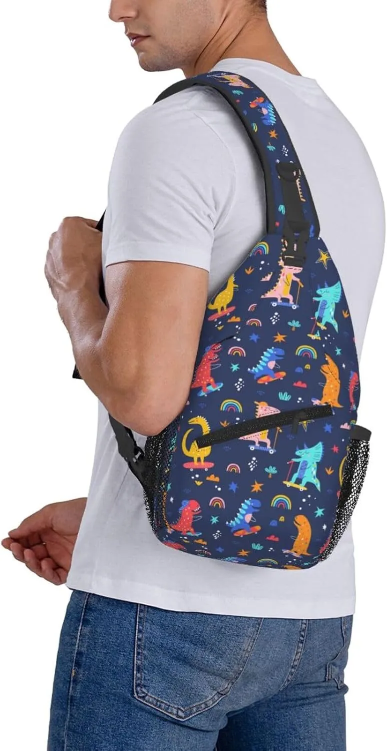 Skater Dinosaurs Pattern Crossbody Bag Adjustable Sling Bag Casual Chest Bags Travel Shoulder Backpack