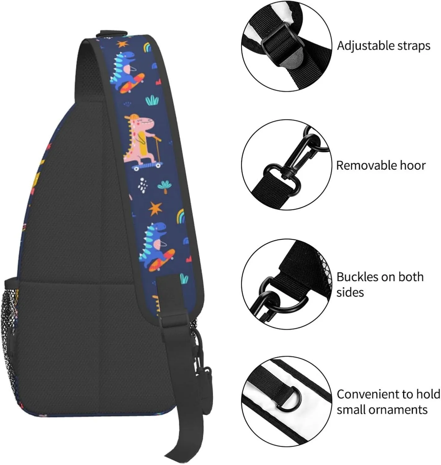 Skater Dinosaurs Pattern Crossbody Bag Adjustable Sling Bag Casual Chest Bags Travel Shoulder Backpack