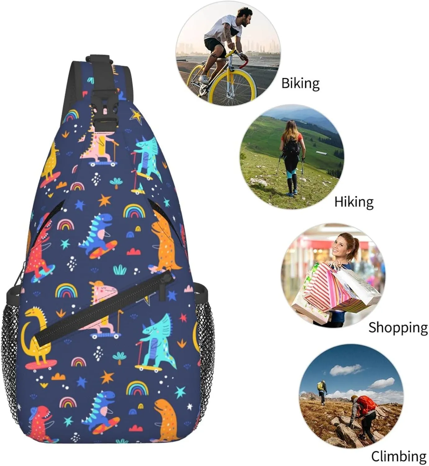 Skater Dinosaurs Pattern Crossbody Bag Adjustable Sling Bag Casual Chest Bags Travel Shoulder Backpack