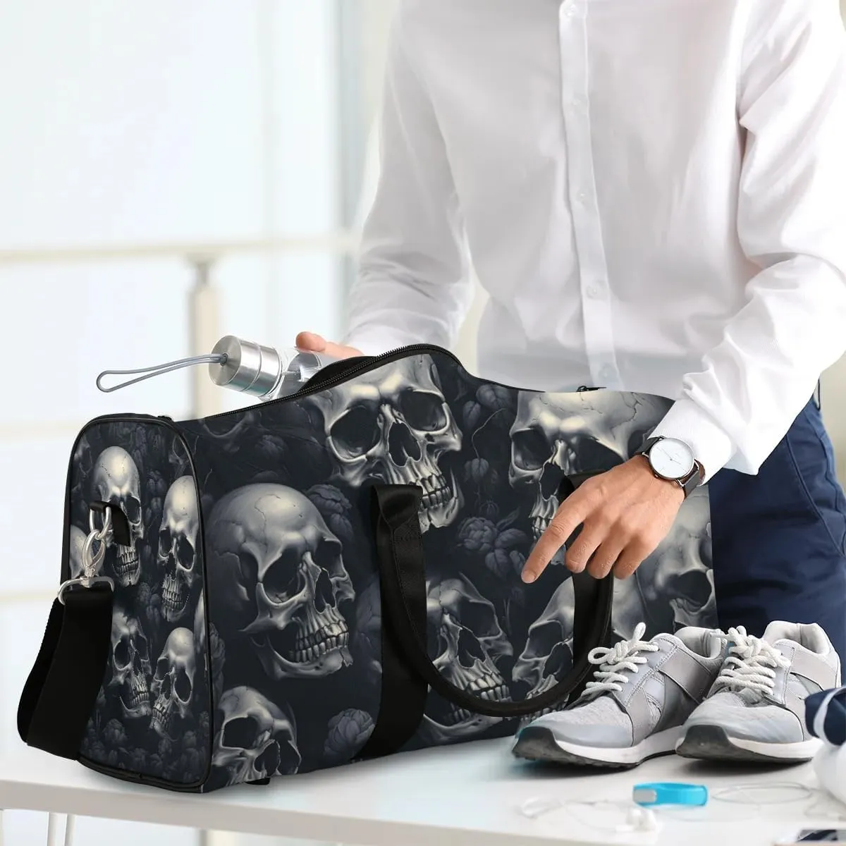 Skeleton Funny Skull Travel Duffel Bag for Women Men Waterproof Foldable Overnight Weekender Bag Large Capacity Sports Gym Bag