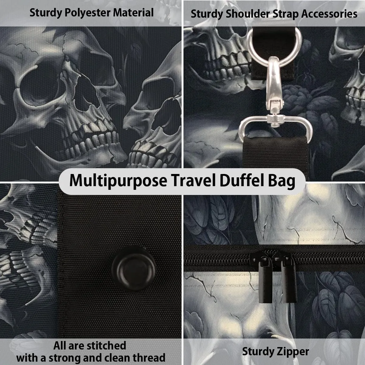 Skeleton Funny Skull Travel Duffel Bag for Women Men Waterproof Foldable Overnight Weekender Bag Large Capacity Sports Gym Bag