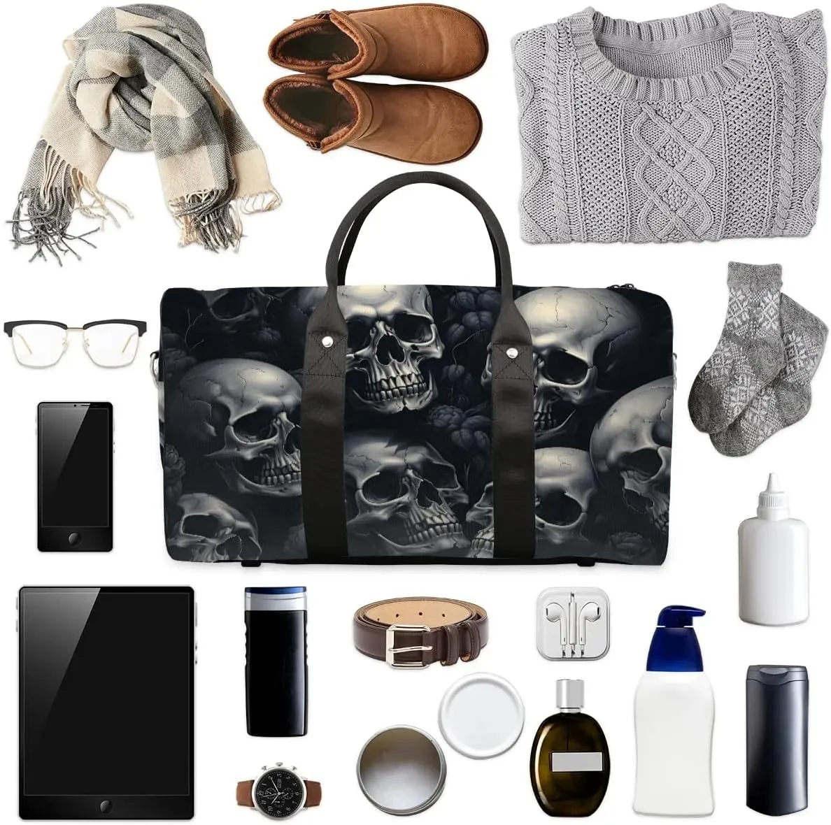 Skeleton Funny Skull Travel Duffel Bag for Women Men Waterproof Foldable Overnight Weekender Bag Large Capacity Sports Gym Bag