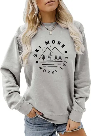 Ski More Worry Less Sweatshirt, Skiing Sweater Women Winter Sports Pullovers Tops Funny Ski Trip Shirt for Ski Lover