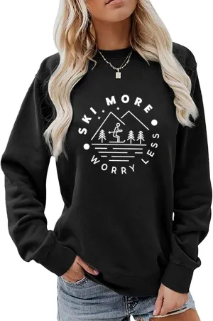 Ski More Worry Less Sweatshirt, Skiing Sweater Women Winter Sports Pullovers Tops Funny Ski Trip Shirt for Ski Lover