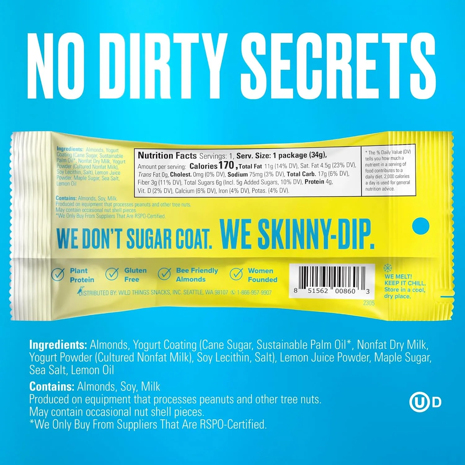 SkinnyDipped Lemon Bliss Yogurt Covered Almonds, Healthy Snack, Plant Protein, Gluten Free, 1.2 Ounce (Pack of 15)