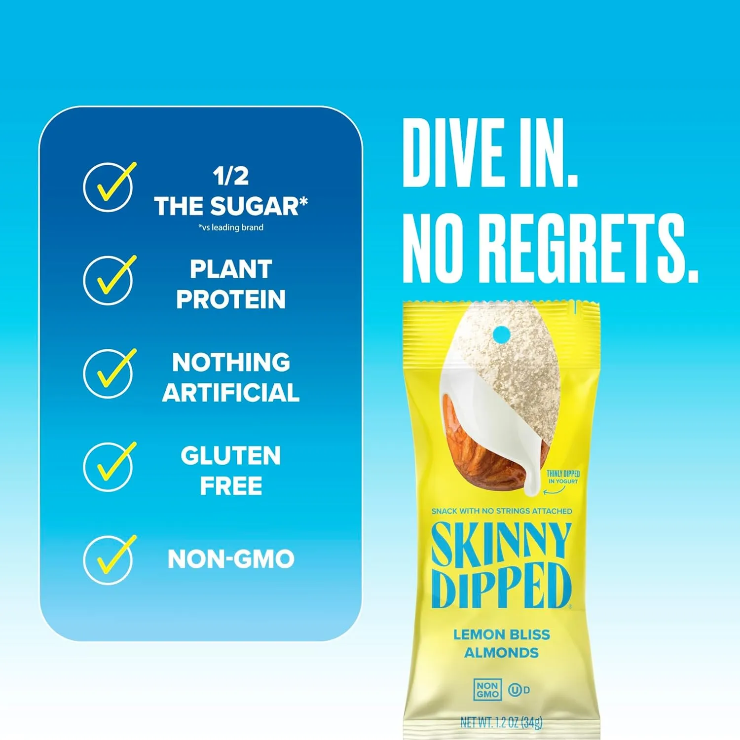 SkinnyDipped Lemon Bliss Yogurt Covered Almonds, Healthy Snack, Plant Protein, Gluten Free, 1.2 Ounce (Pack of 15)