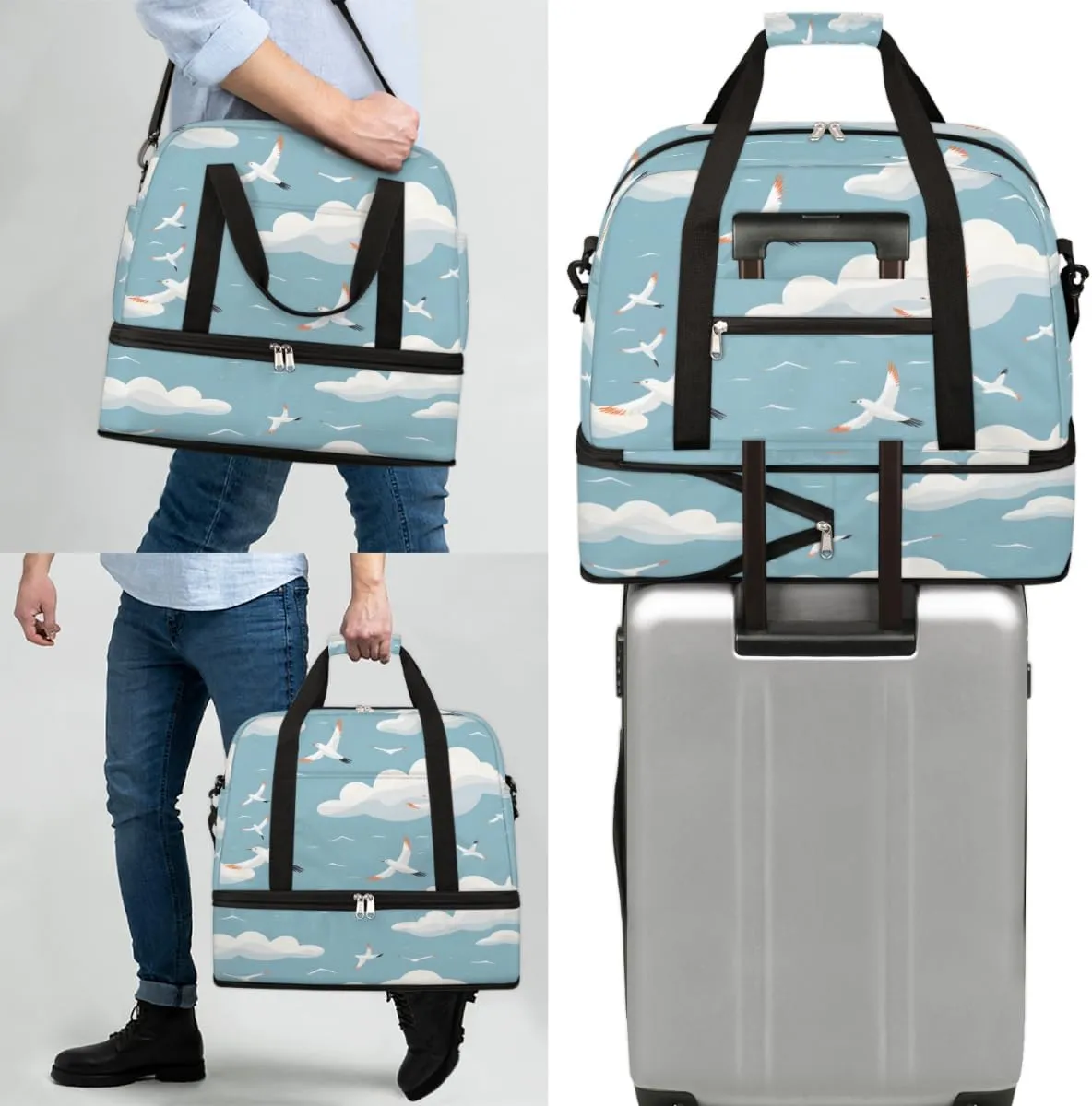 Sky seagull Foldable Travel Duffel Bag Overnight Weekender Bag with Shoes Compartment Sports Gym Bag for Men Women