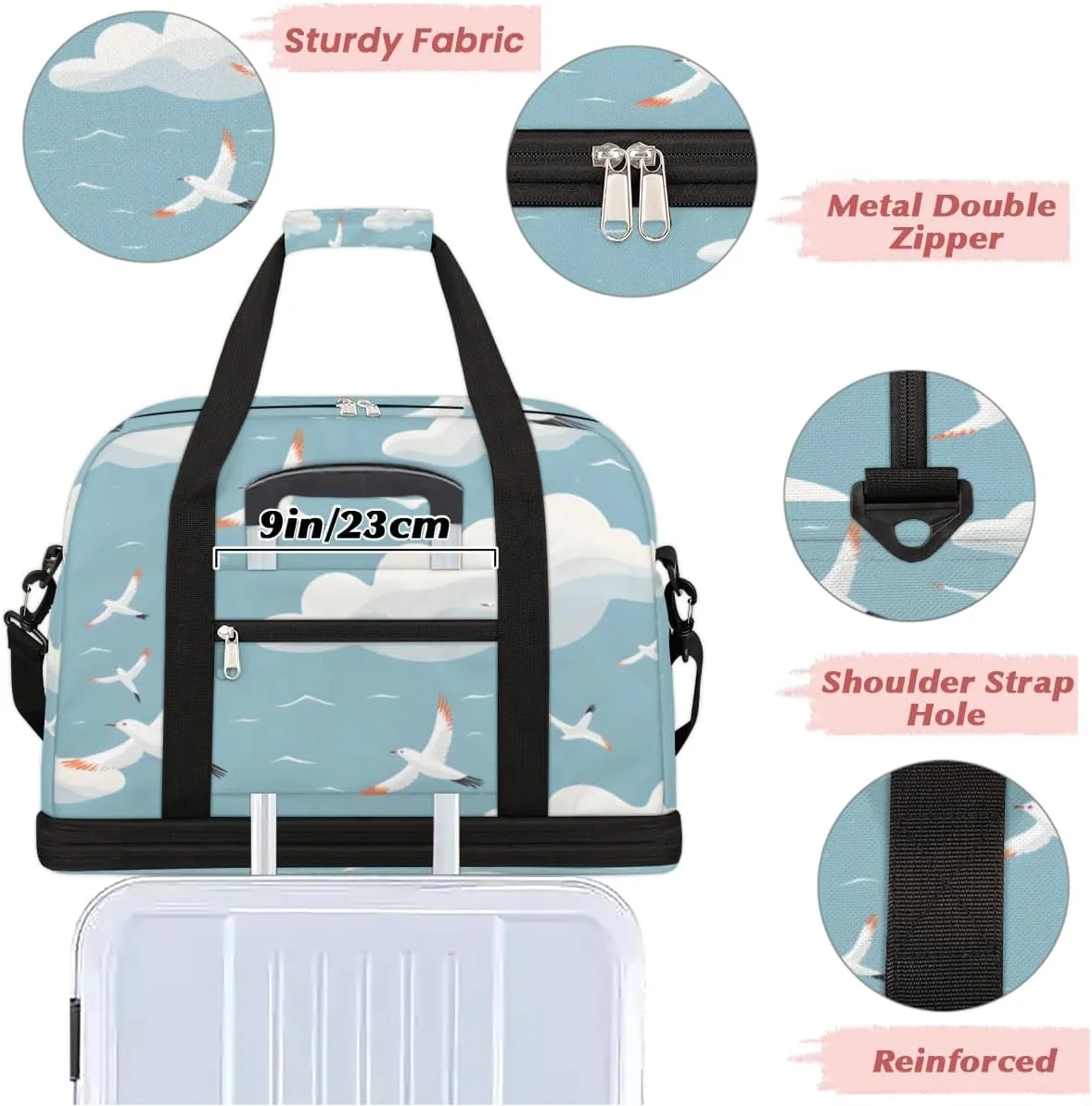 Sky seagull Foldable Travel Duffel Bag Overnight Weekender Bag with Shoes Compartment Sports Gym Bag for Men Women