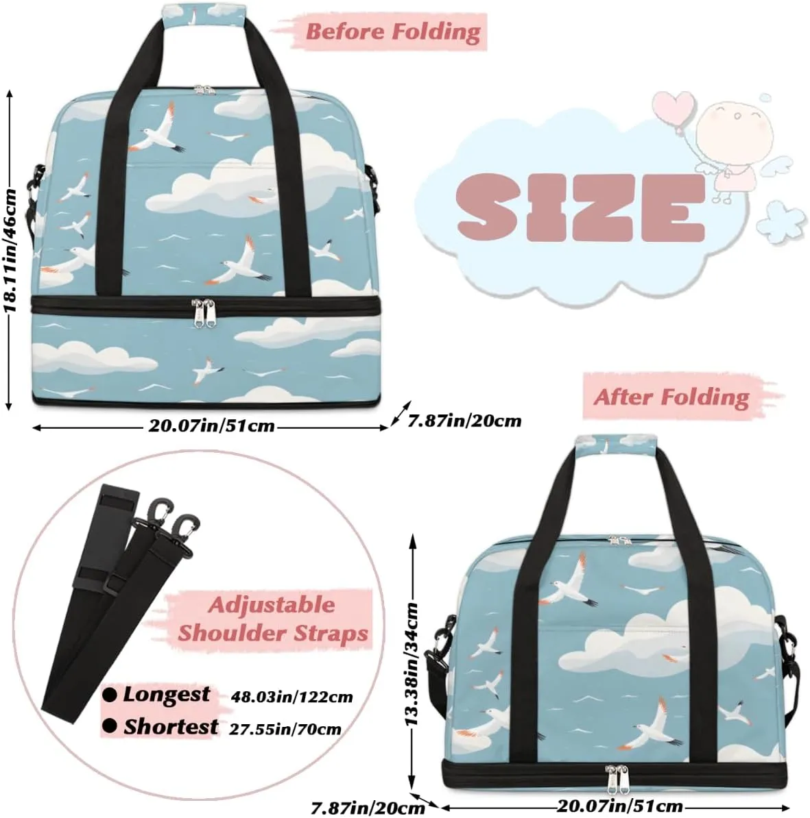 Sky seagull Foldable Travel Duffel Bag Overnight Weekender Bag with Shoes Compartment Sports Gym Bag for Men Women