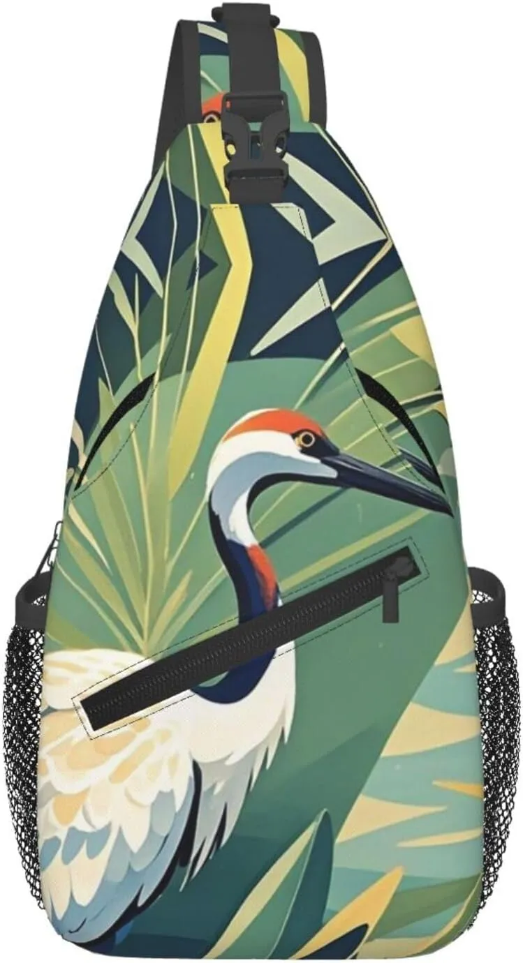 Sling Backpack Bag Crossbody Shoulder Bag Crane Bird Wild Plants Chest Bag Lightweight Hiking Daypack,Unisex