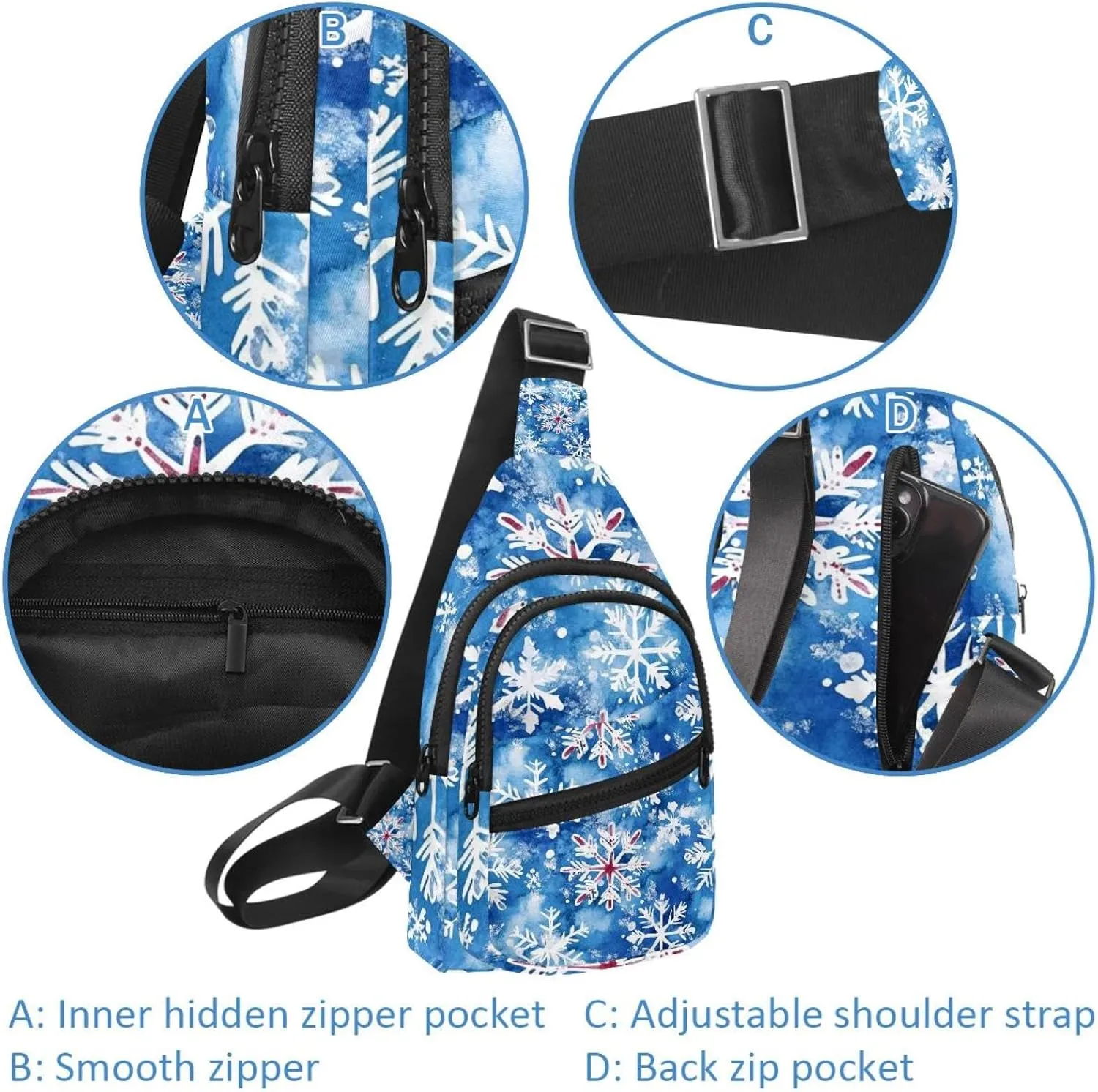 Sling Bag Backpack Crossbody Chest Bag Daypack for Hiking Travel(Christmas New Year Snowflakes 3)