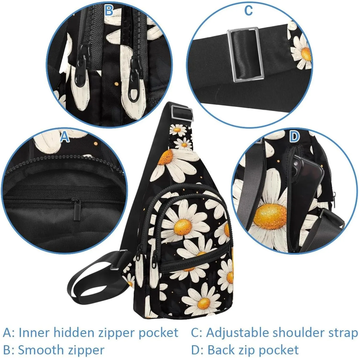 Sling Bag Backpack Crossbody Chest Bag Daypack for Hiking Travel(Cute Daisy (1))