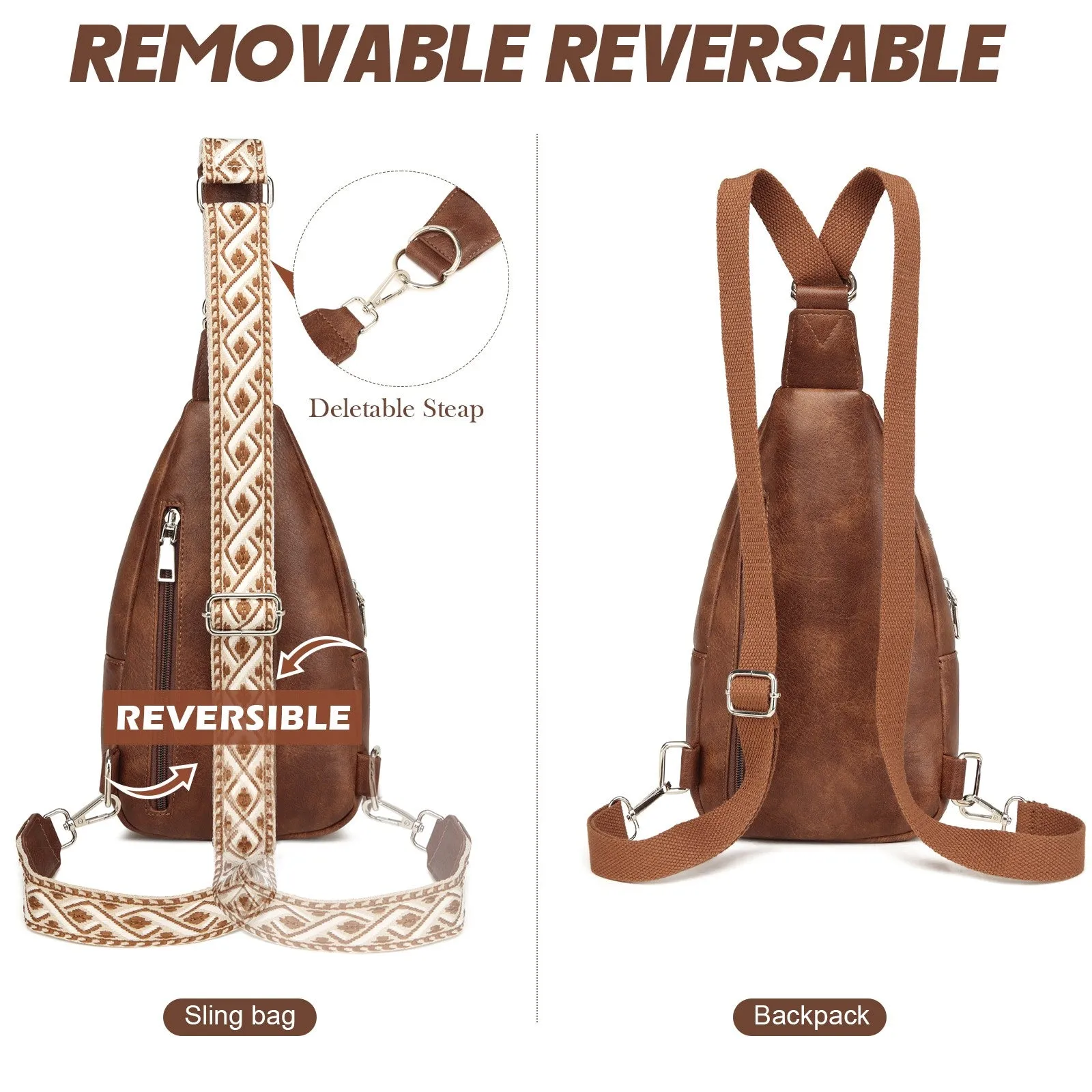 Sling Bag Crossbody Backpack Purse - 2 in 1 Leather Cross Body Bag Fanny Pack with 2 Removable Strap Large Chest Shoulder Bag