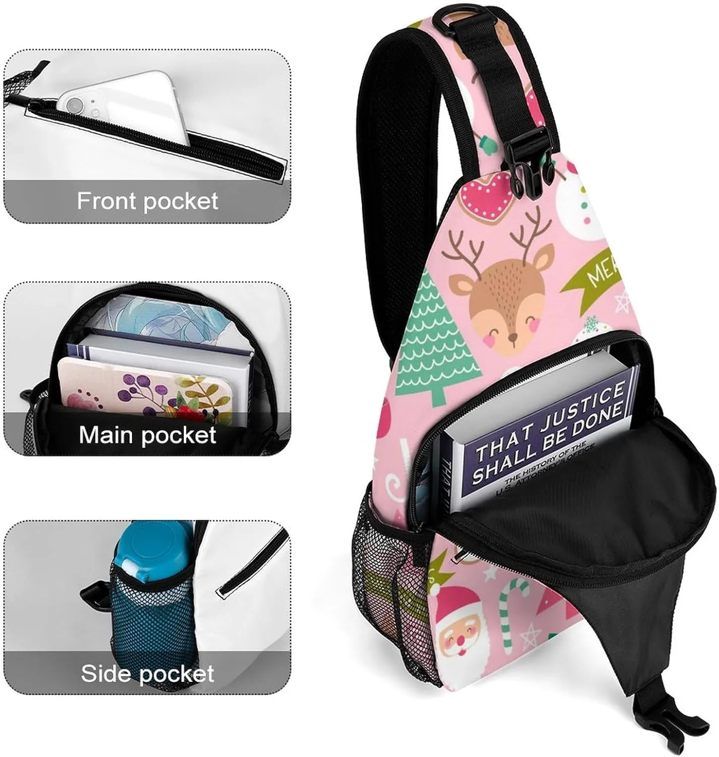 Sling Bag Cute Christmas Snowmen Crossbody Backpack with Anti Theft Pink Santa Tree Adjustable Shoulder Bag for Travel,Hiking,Cycling,Camping