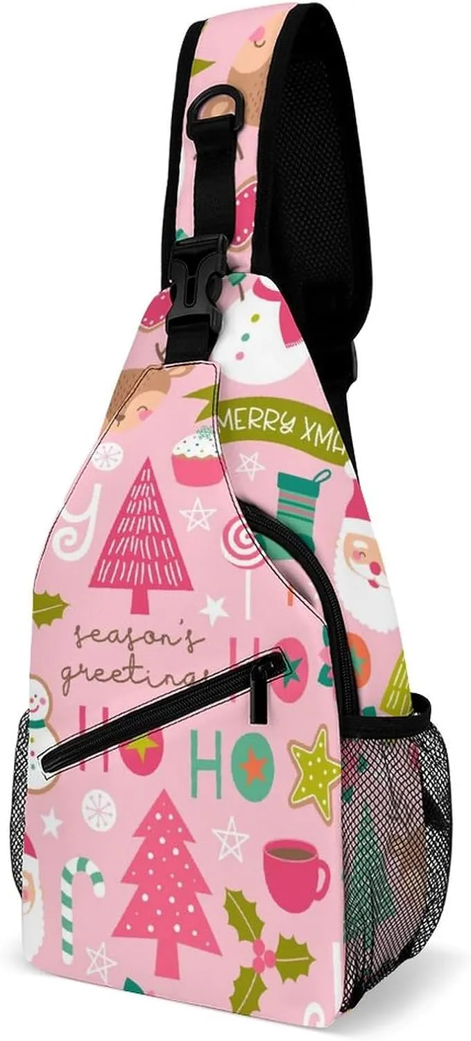 Sling Bag Cute Christmas Snowmen Crossbody Backpack with Anti Theft Pink Santa Tree Adjustable Shoulder Bag for Travel,Hiking,Cycling,Camping