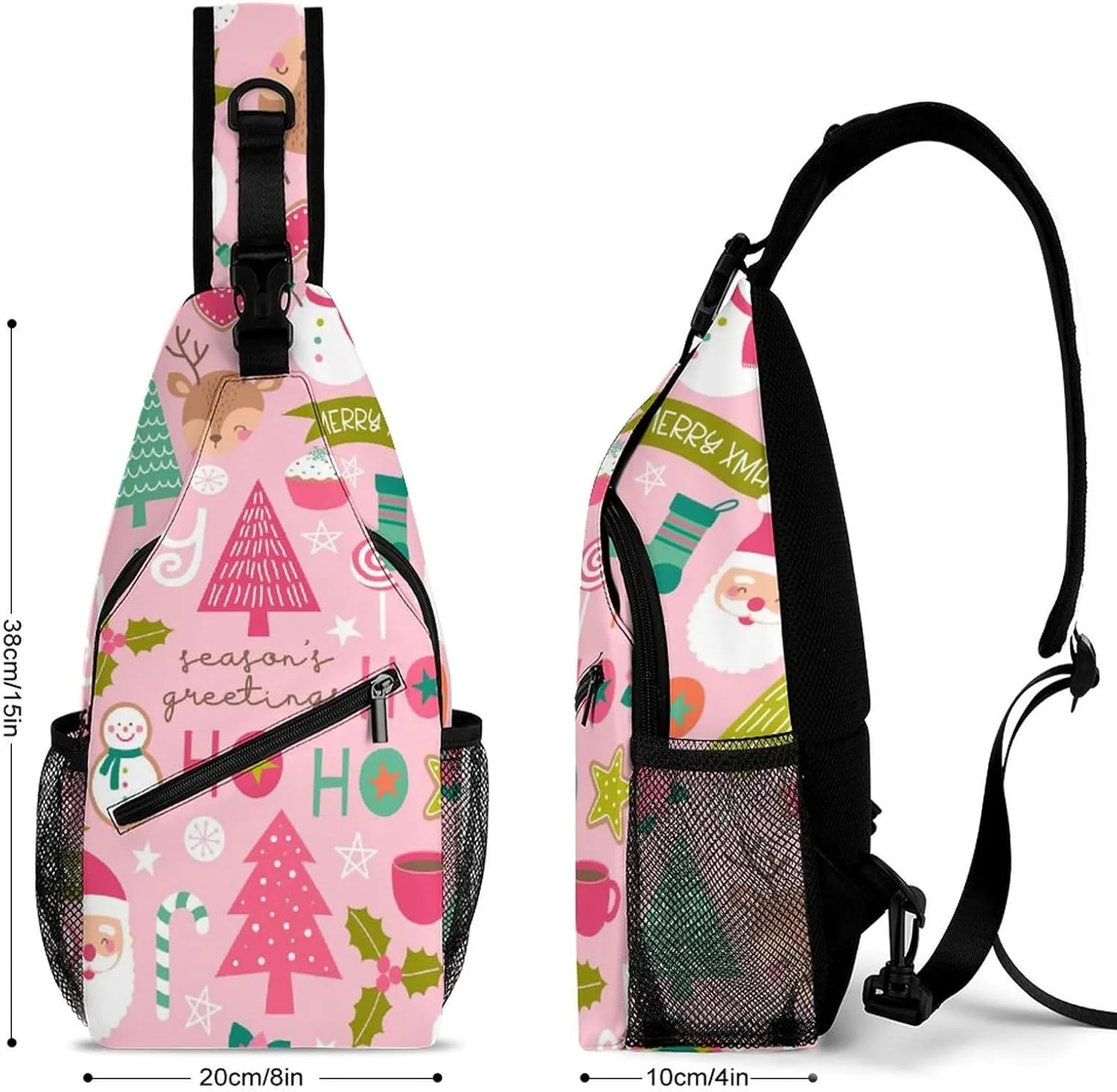 Sling Bag Cute Christmas Snowmen Crossbody Backpack with Anti Theft Pink Santa Tree Adjustable Shoulder Bag for Travel,Hiking,Cycling,Camping