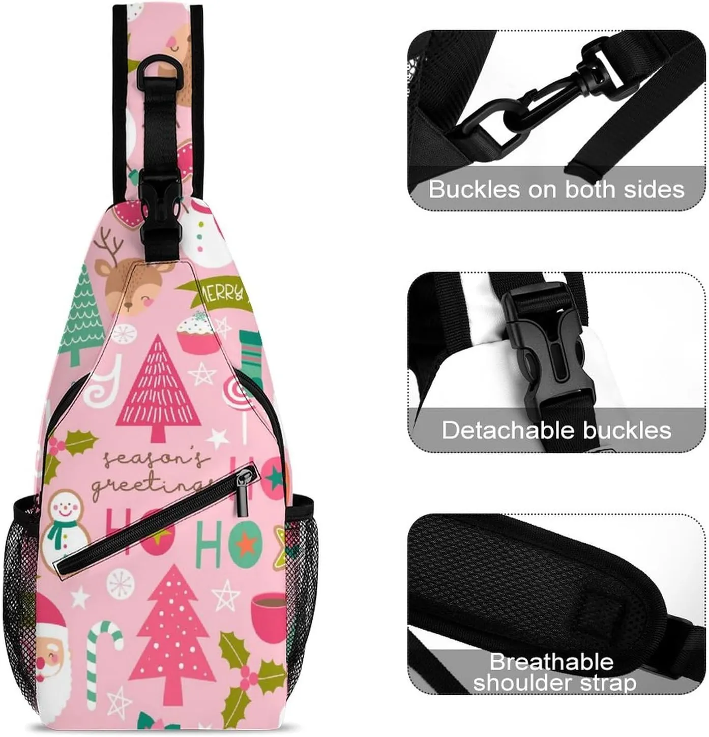 Sling Bag Cute Christmas Snowmen Crossbody Backpack with Anti Theft Pink Santa Tree Adjustable Shoulder Bag for Travel,Hiking,Cycling,Camping