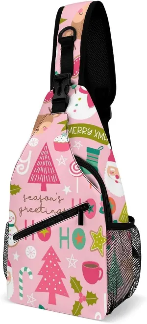 Sling Bag Cute Christmas Snowmen Crossbody Backpack with Anti Theft Pink Santa Tree Adjustable Shoulder Bag for Travel,Hiking,Cycling,Camping
