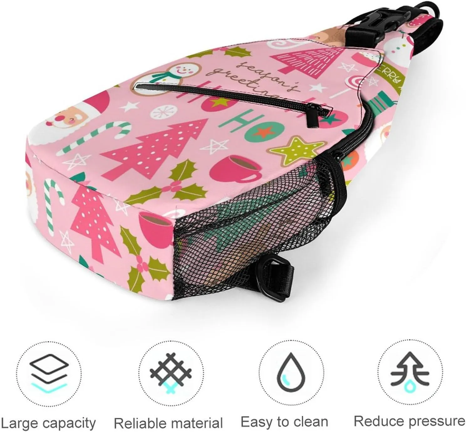 Sling Bag Cute Christmas Snowmen Crossbody Backpack with Anti Theft Pink Santa Tree Adjustable Shoulder Bag for Travel,Hiking,Cycling,Camping