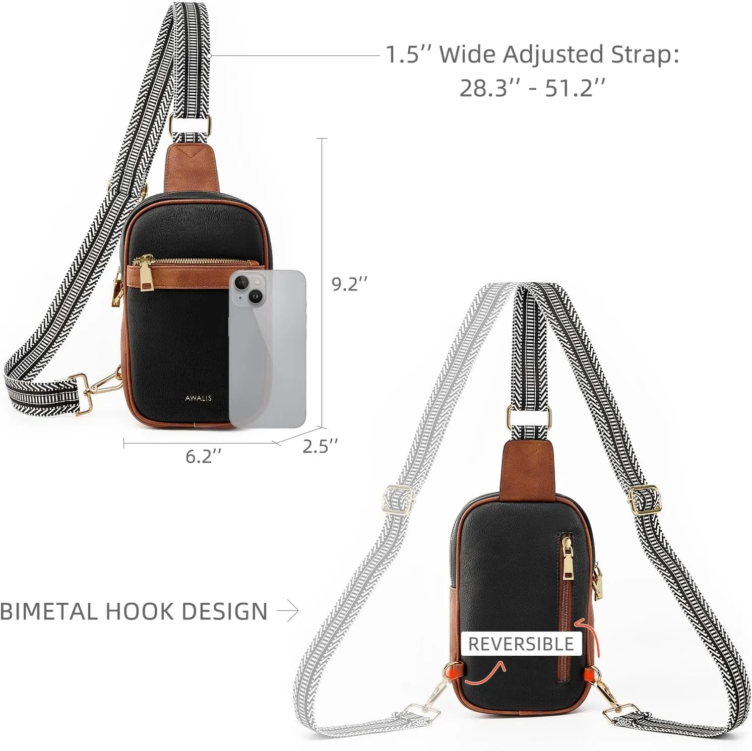 Sling Bag for Women Cross Body Purse, Small Sling Bag Vegan Leather Anti Theft Crossbody Bags for Women, Fanny Packs for Men Chest Bag with Adjustable Guitar Strap, Black