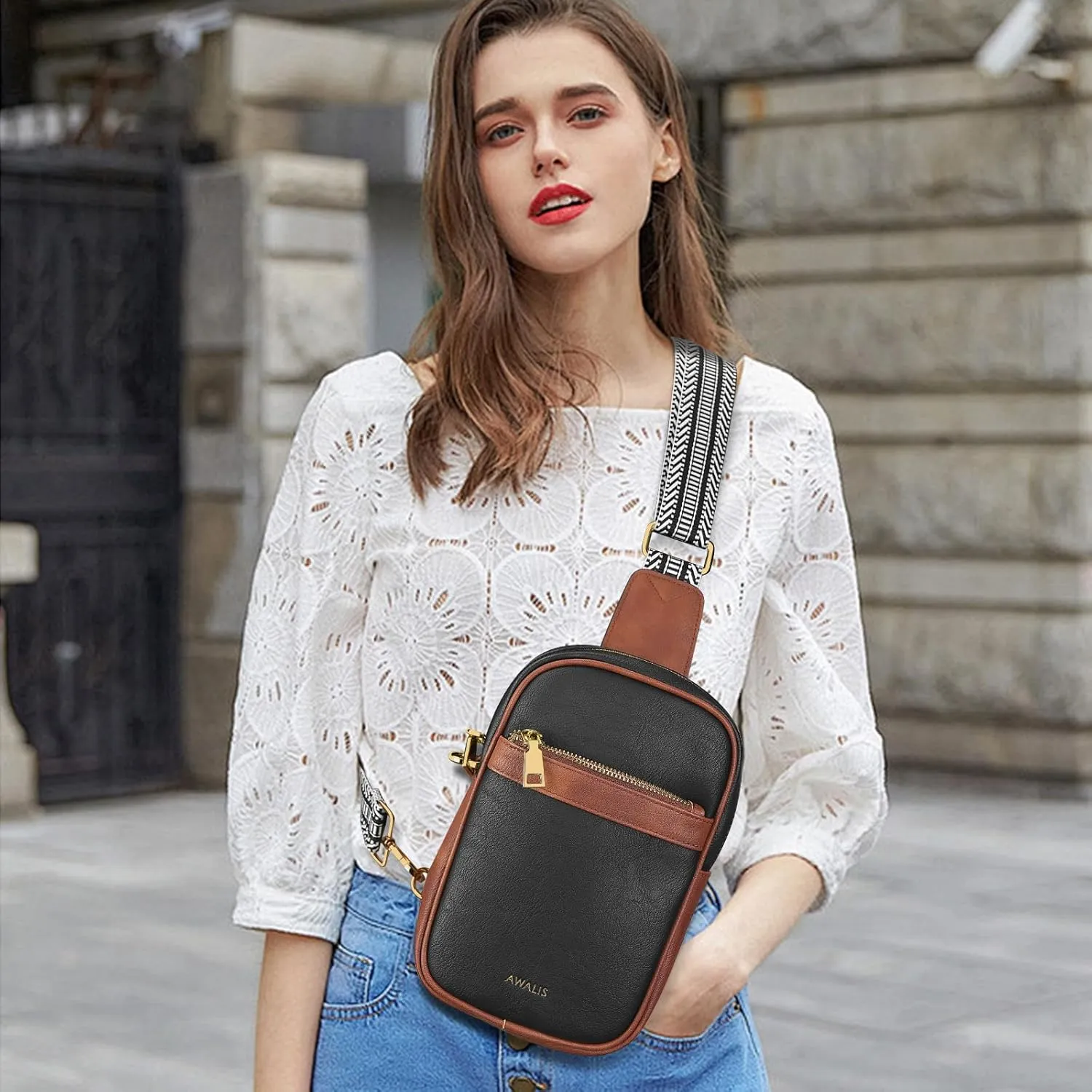 Sling Bag for Women Cross Body Purse, Small Sling Bag Vegan Leather Anti Theft Crossbody Bags for Women, Fanny Packs for Men Chest Bag with Adjustable Guitar Strap, Black
