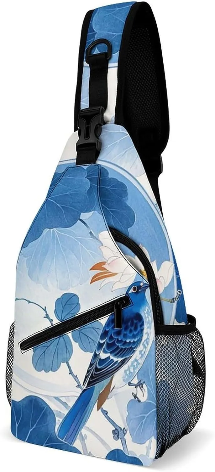 Sling Bag for Women Men Chest Bag Blue And White Chinese Style Flower And Bird Crossbody Bag Small Sling Backpack Daypack Fanny Packs