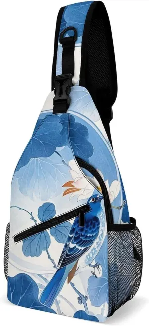 Sling Bag for Women Men Chest Bag Blue And White Chinese Style Flower And Bird Crossbody Bag Small Sling Backpack Daypack Fanny Packs